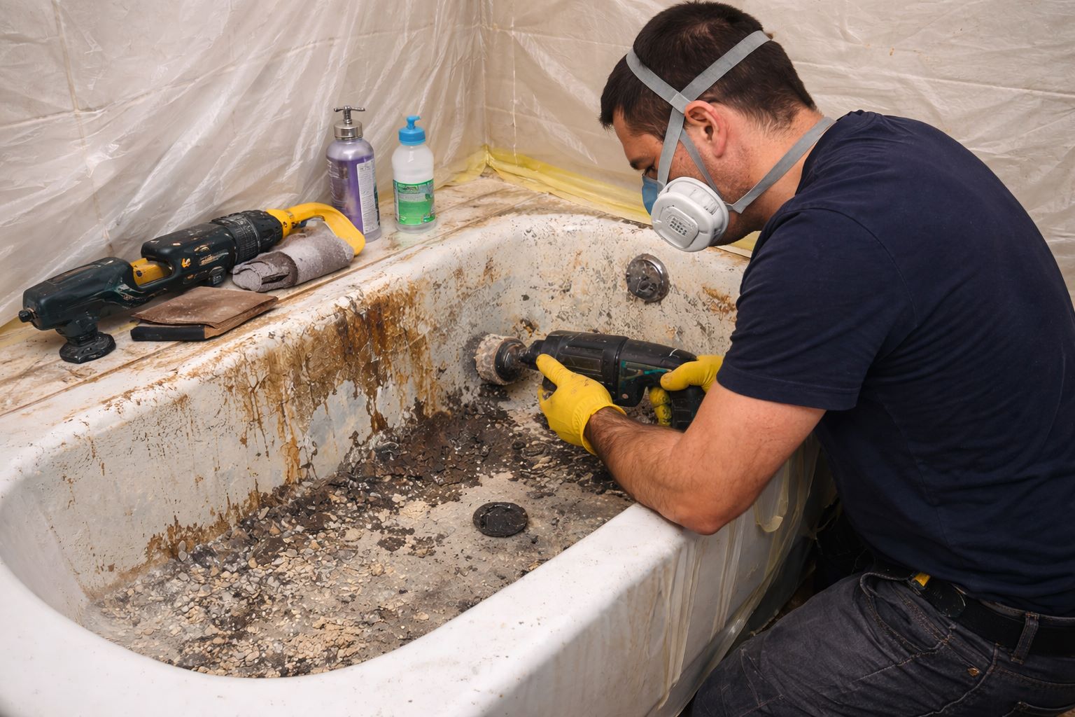 Процесс реставрации ванны жидким мрамором